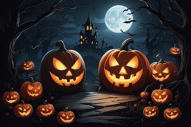 Halloween night pumpkins dark atmosphere vector illustration