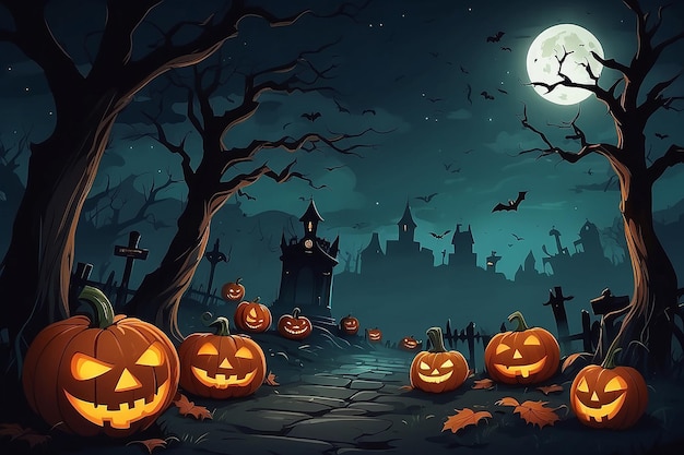 Halloween night pumpkins dark atmosphere vector illustration