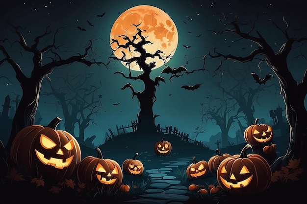 Halloween night pumpkins dark atmosphere vector illustration