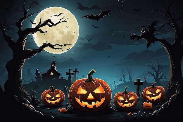 Halloween night pumpkins dark atmosphere vector illustration