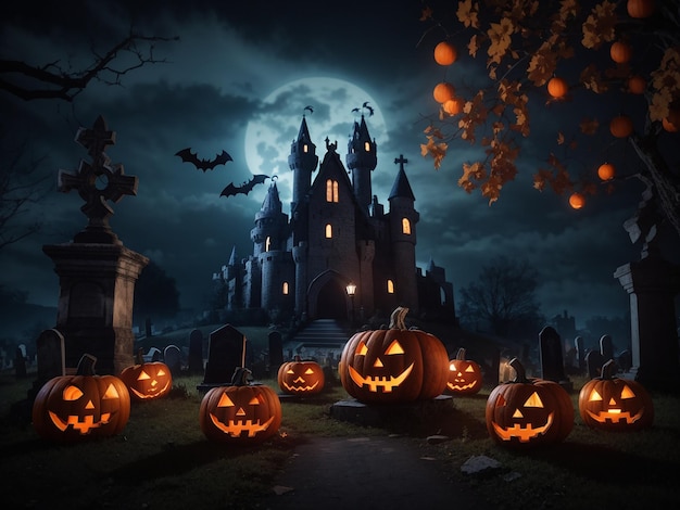 Halloween night spooky pumpkins candles and graveyard castle