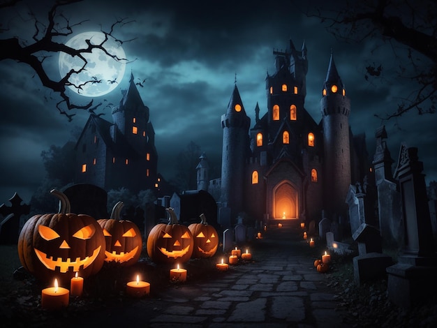 Halloween night spooky pumpkins candles and graveyard castle