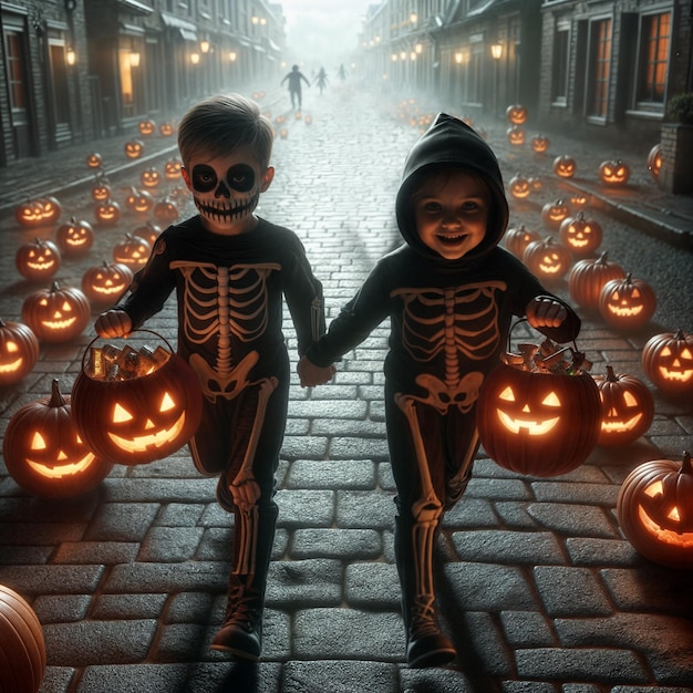 on halloween night two children are smiling holding pumpkins full of candy treats