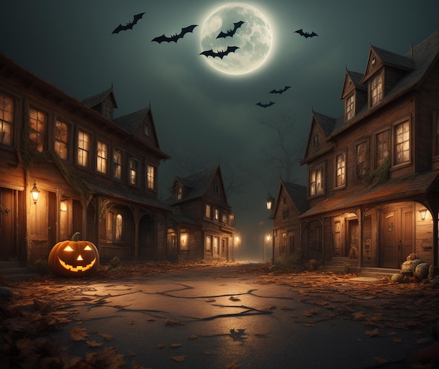 Halloween night in a village with a pumpkin and bats