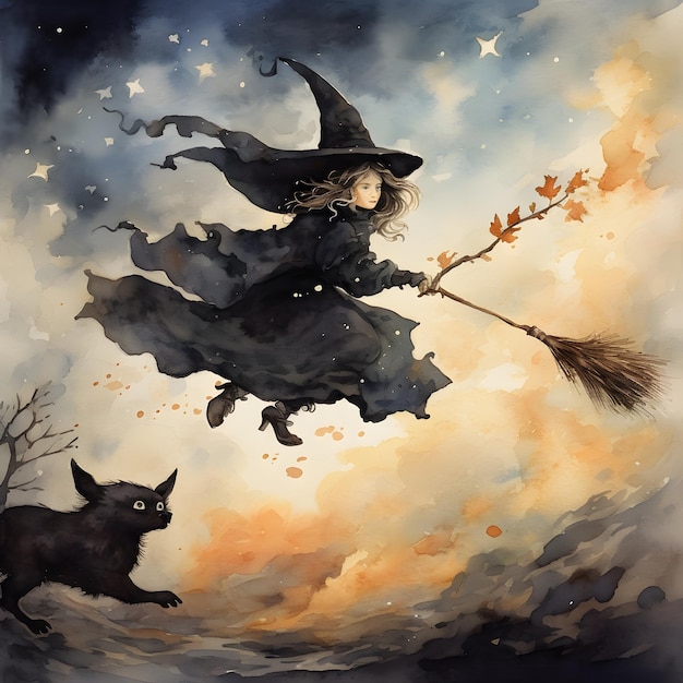 Halloween night witch flying on a broomstick