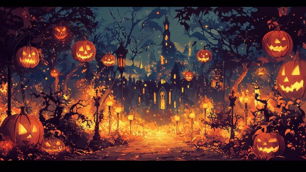 Halloween night with Art Nouveau elements featuring ornate detailed motifs and gracefully designed jackolanterns with spectral figures 50 keywords