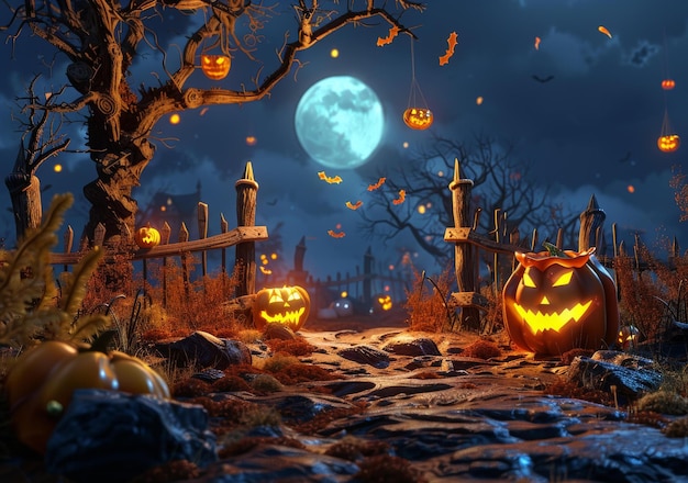 Halloween Night with Creepy Pumpkins and Bats