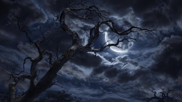 Halloween night with crescent moon dark clouds and crooked tree spooky shadows and twisted branches Crescent moon black background halloween