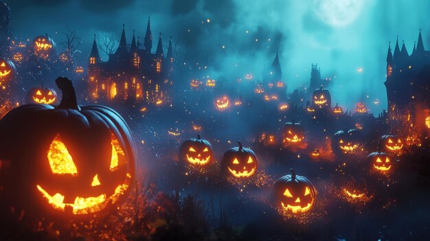 Halloween night with dazzling 3D glow including glowing jackolanterns and ethereal figures creating a magical ambiance 50 keywords