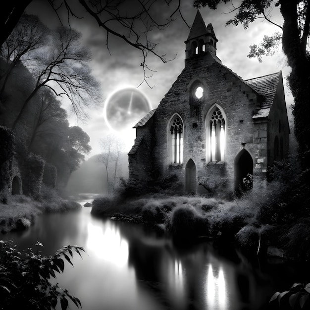 Photo halloween night with gothic house landscape design