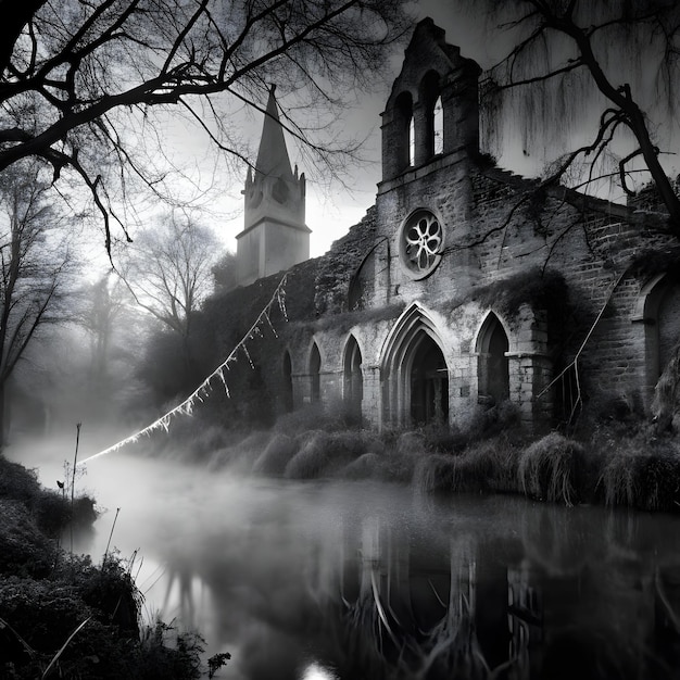 Photo halloween night with gothic house landscape design