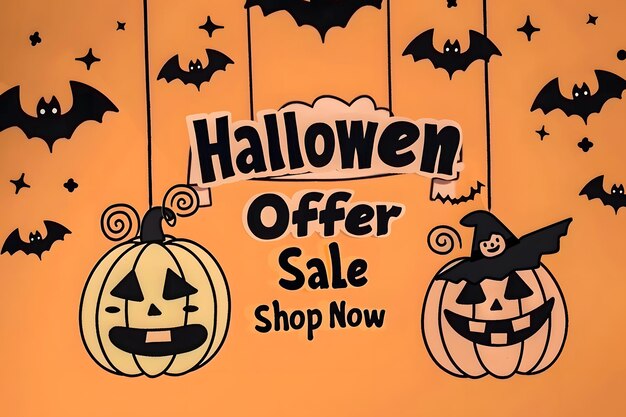 Photo halloween offer sale banner with smiling pumpkin faces and bats on orange background