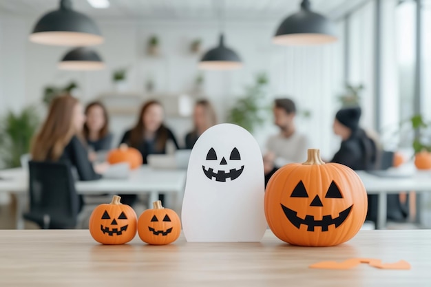 Photo halloween office party with pumpkins and ghost decor on a table in a modern workspace