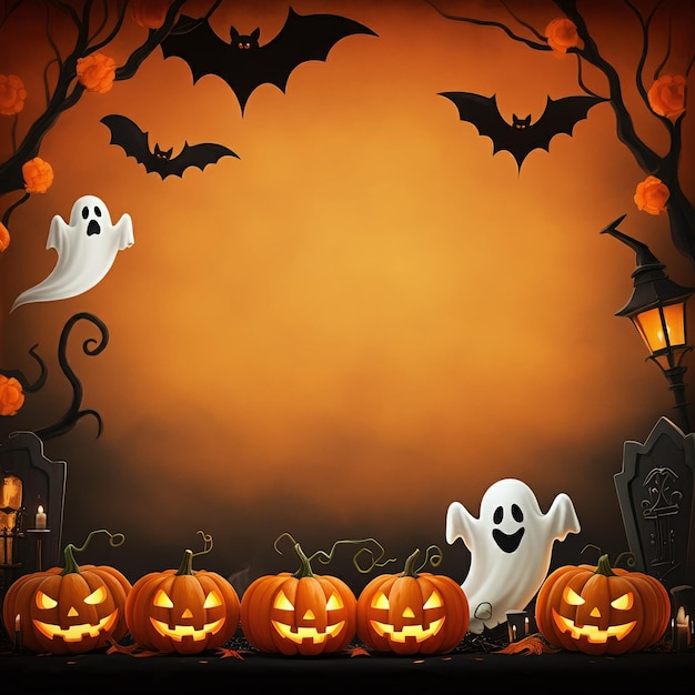 Halloween Party Border with Festive Decorations and Spooky Elements