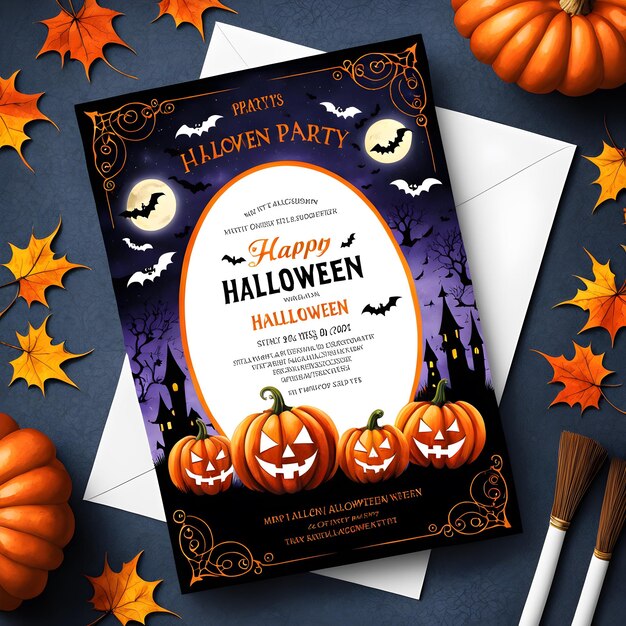 a halloween party card with pumpkins on it