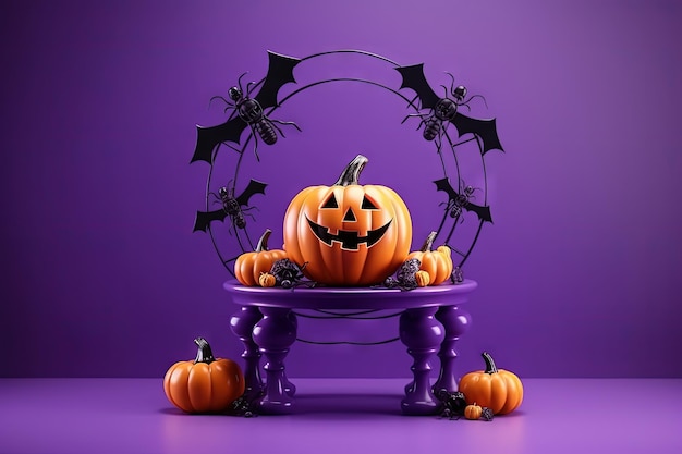 Halloween party concept featuring pumpkin spider and bat decorations on a purple background