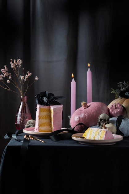 Halloween party decoration with pink cake