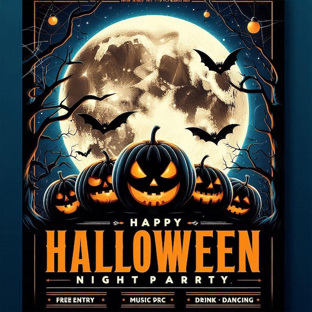 Halloween party flyer featuring a large bright full moon against a dark blue night sky