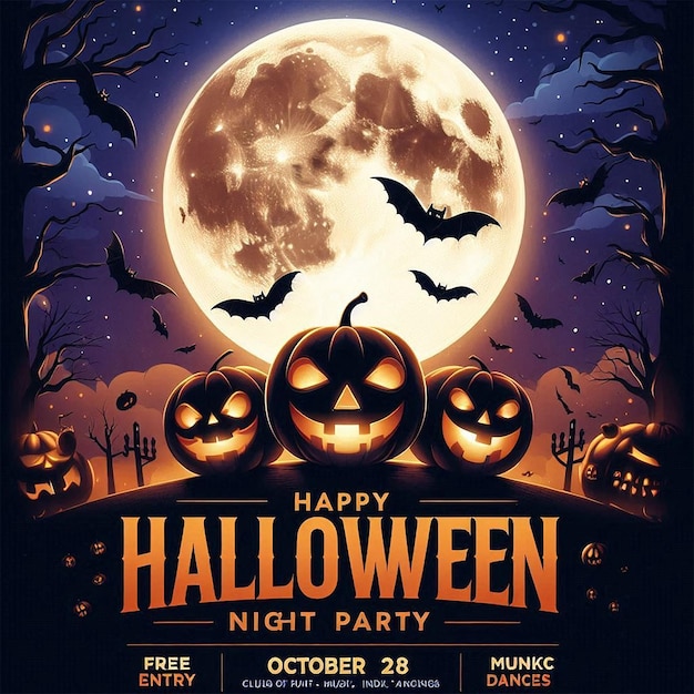 Halloween party flyer featuring a large bright full moon against a dark blue night sky