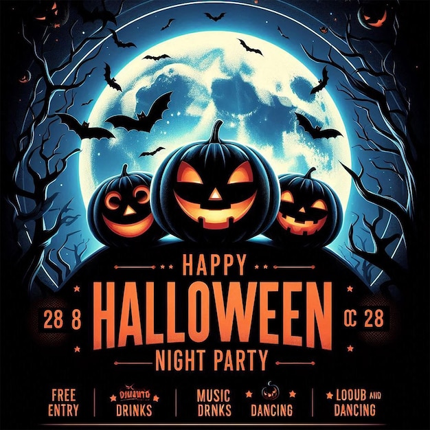 Halloween party flyer featuring a large bright full moon against a dark blue night sky