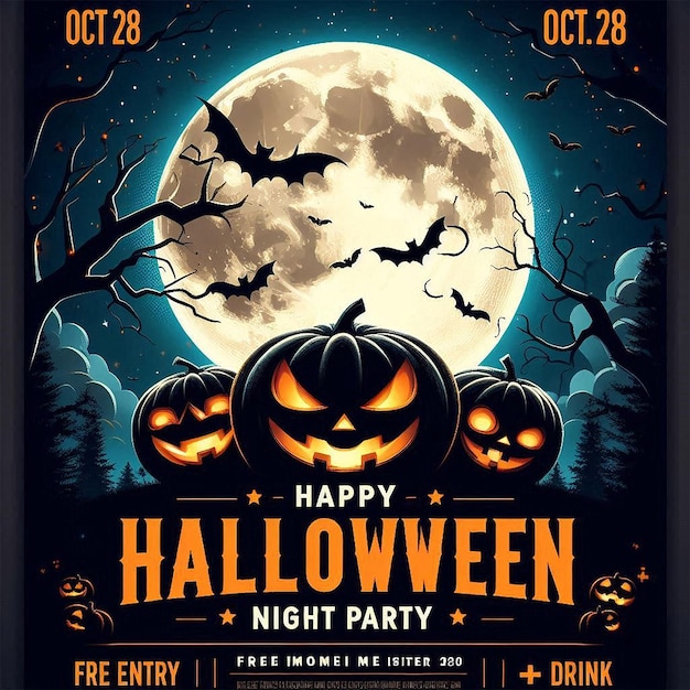 Halloween party flyer featuring a large bright full moon against a dark blue night sky