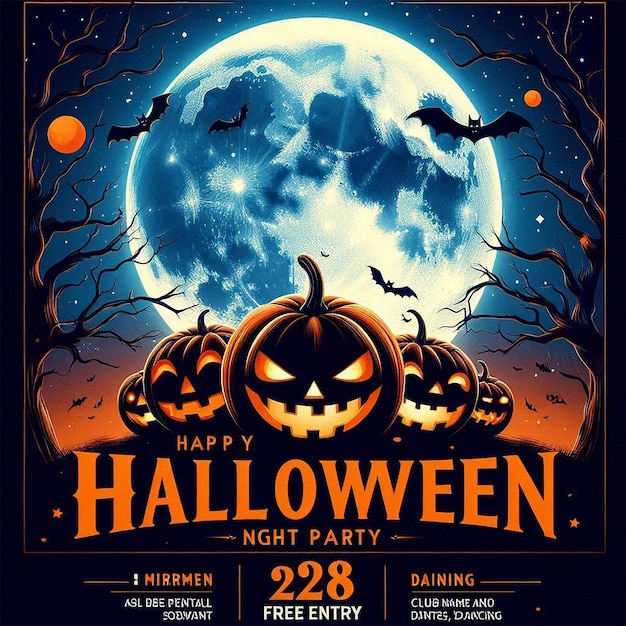 Halloween party flyer featuring a large bright full moon against a dark blue night sky