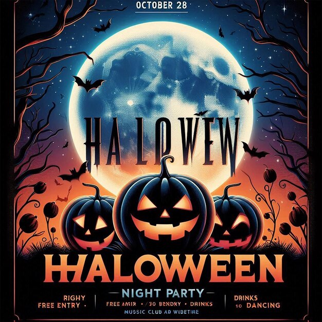 Photo halloween party flyer featuring a large bright full moon against a dark blue night sky