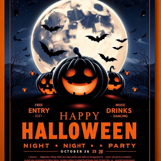 Halloween party flyer featuring a large bright full moon against a dark blue night sky