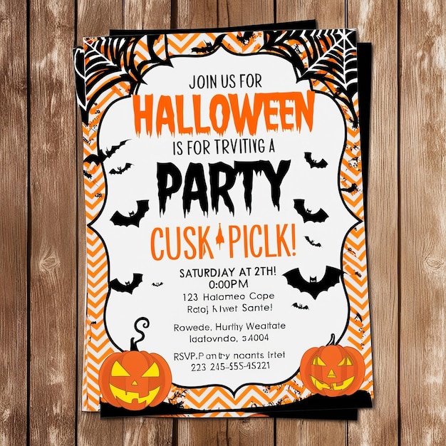 Photo halloween party invitation with spooky bats pumpkins and orange chevron background design