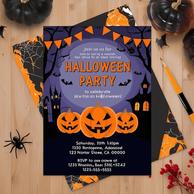 Photo halloween party invitation with spooky bats pumpkins and orange chevron background design