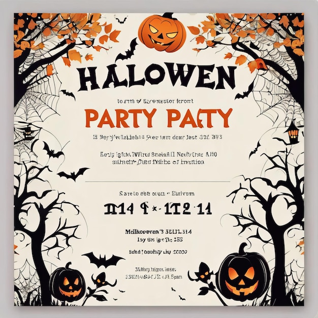 Halloween Party Invitation with Spooky Bats Pumpkins and Orange Chevron Background Design