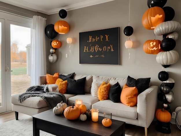 Photo halloween party in living room decorations with lanterns and pumpkins jackolantern