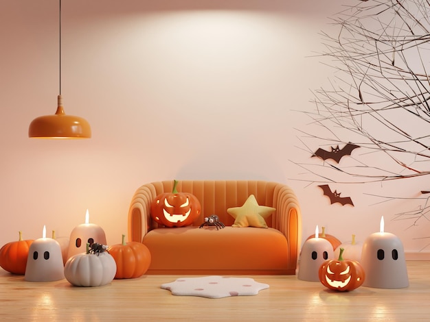 Halloween party in living room with orange sofa and lanternspumpkinsbatspider