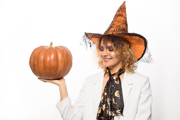 Halloween party preparation halloween holidays woman witch with pumpkin happy halloween emotional