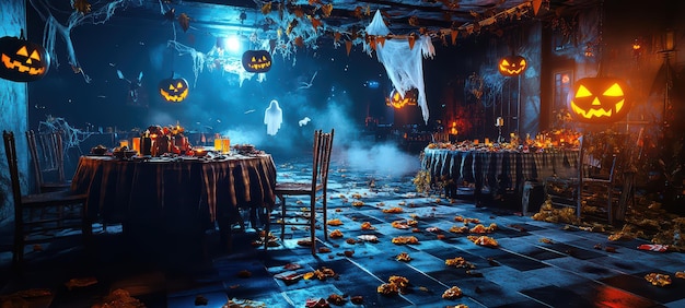 Photo halloween party scene with empty tables covered in spookythemed tablecloths