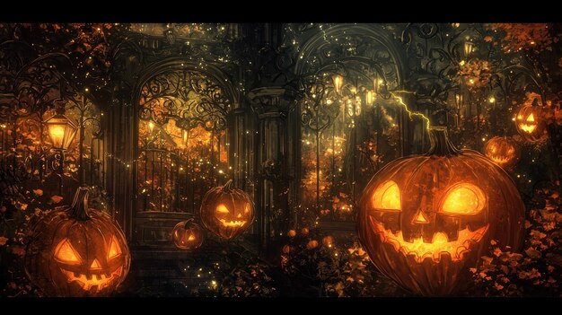 Halloween party with Art Nouveau elements featuring intricate ornate designs and gracefully designed jackolanterns and spectral figures 50 keywords