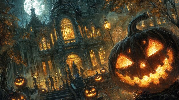 Halloween party with Art Nouveau influences showcasing detailed flowing motifs and ornate jackolanterns and spectral figures 50 keywords