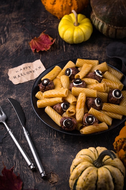 Halloween pasta with meatballs in shape of eye