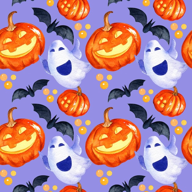 Halloween pattern seamless watercolour pattern with bat pumpkin ghost hand drawn sketch