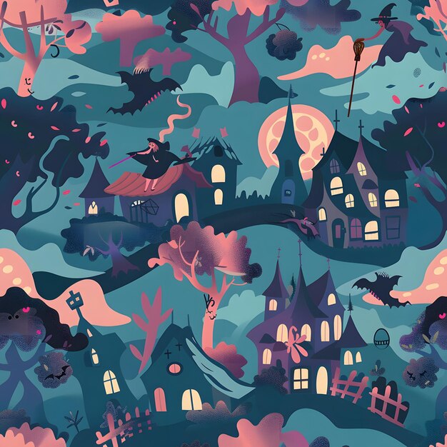 Photo halloween pattern with witches haunted houses and moon in dark blue color on teal background