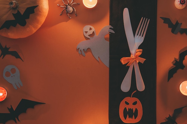 Halloween photo backgrounds with pumpkin knife fork plate ghost and bats