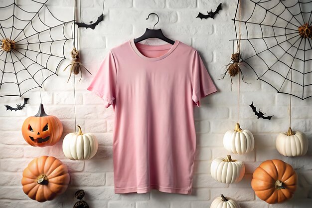 Halloween Pink Tshirt Mockup on a wooden background Pink Tshirt Mockup with Halloween decoration