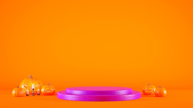 Halloween podium concept with purple pedestal and pumkins on an orange background 3d rendering.