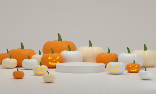 Photo halloween podium with many pumpkins on a studio background empty podium platform