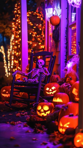 Photo a halloween porch showcases carved pumpkins a skeleton in a chair and bright lights