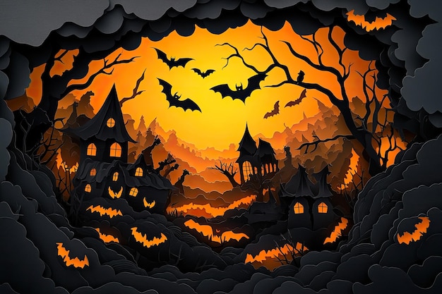 Halloween poster intricate paper cut design black and orange colors flat illustration miniature styl