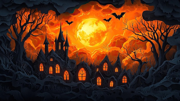 Halloween poster intricate paper cut design black and orange colors flat illustration miniature styl