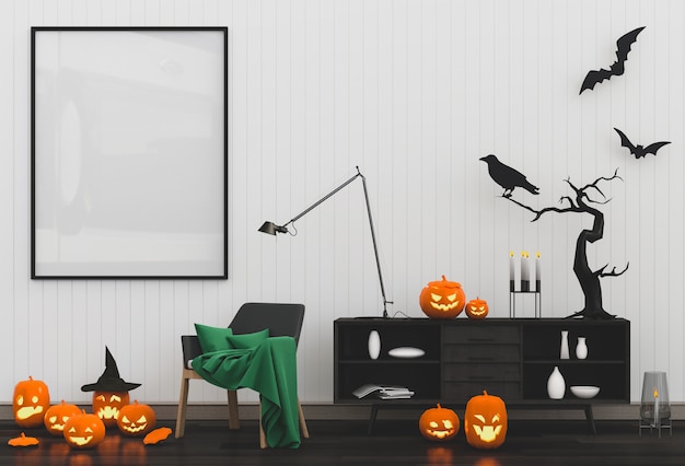 Halloween poster mock up in living room and pumpkins.