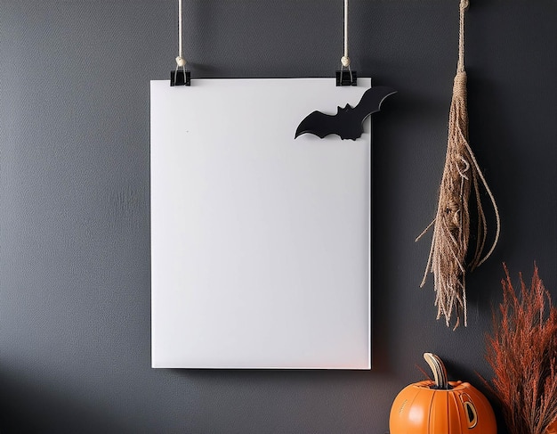 Halloween poster mockup with a full moon and bats on a dark gray wall