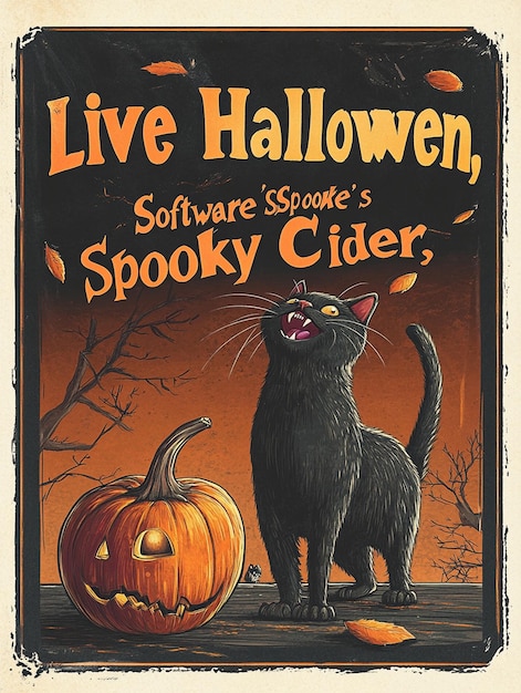 Halloween Poster with Black Cat Pumpkin and Spooky Apple Cider